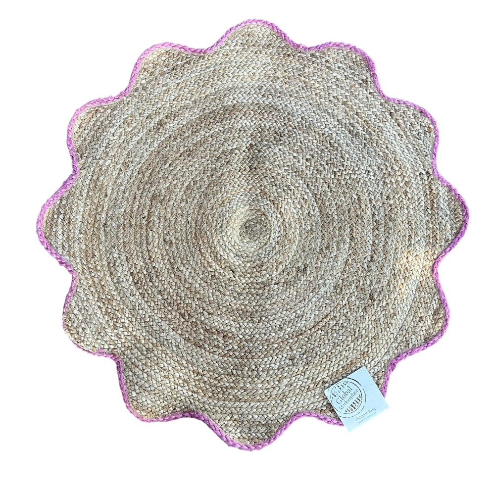 Global Marketplace Accent Rug Round‎ Jute Braided Pink Trim Natural Fiber